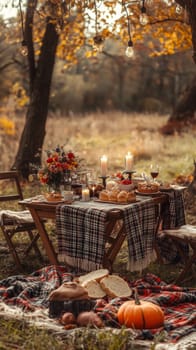 A very beautifully set table in nature, in a cozy autumn garden. High quality photo