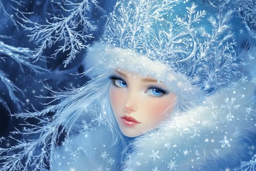 Portrait of a very beautiful woman in a winter forest, a fairy or mistress of the forest walks around her domain. High quality photo