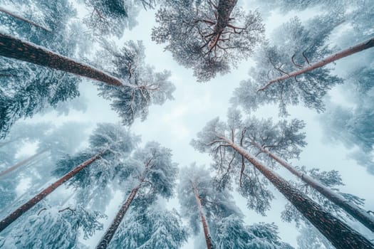 Bottom up view of tree tops in winter forest. High quality photo