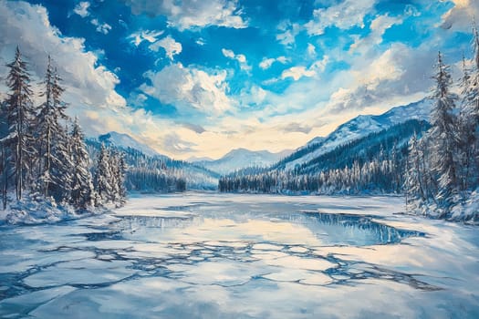 Mountain lake in early spring, thaw, drifting ice. High quality photo