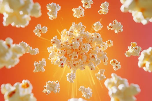 This vibrant image features a creative arrangement of popcorn flying outward against a bright orange background, capturing the playful and fun essence of snack time.