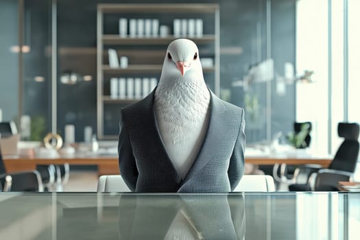 A dove dressed in a sharp suit stands confidently in a modern office, blending the worlds of nature and business in a unique and playful manner. A striking image for creative projects.