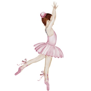 Ballerina watercolor. Ballet girl. Hand drawn incredible dancer in pink tutu skirt. Clip art on isolated white background of cute ballet beauty. Perfect for poster and cards, princess daughter room design. Baby illustration.