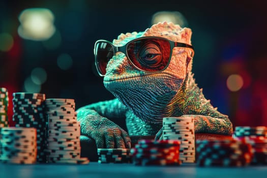 A cool chameleon sporting reflective sunglasses sits confidently at a casino table surrounded by colorful poker chips, showcasing a vibrant atmosphere and fun character.