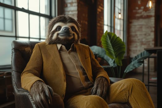 A charming sloth dressed in a stylish suit sits relaxed in a modern office. This unique scene combines humor and elegance, showcasing a whimsical character in a contemporary workspace.