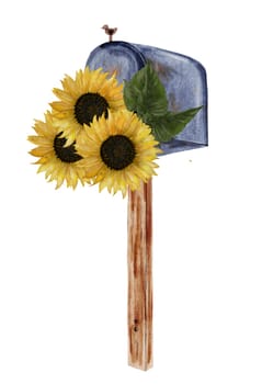 Mail watercolor. Vintage blue letter container mailbox on a wooden stand with sunflowers. Isolated clip art on white background. Ideal for postcards for Postal Day, Postal Worker, Valentine's Day. High quality illustration