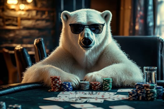 A playful polar bear wearing dark sunglasses sits confidently at a casino table, surrounded by cards and chips, creating a whimsical and entertaining scene.