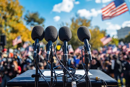 An empty podium with microphones set against a backdrop of waving US flags, symbolizing public gatherings, political events, and communication.