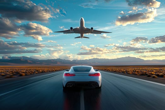 A stunning rear view of a sleek car on an empty road with an airplane soaring overhead, capturing the essence of modern travel and adventure amidst a beautiful landscape.