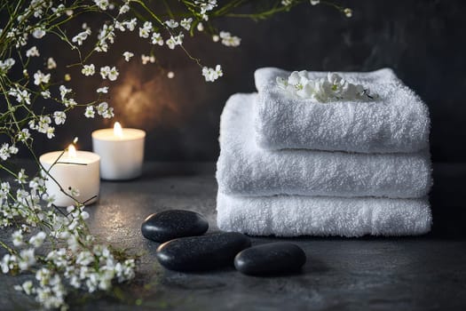 A serene arrangement of soft white towels stacked beside smooth stones and glowing candles, perfect for a calming spa or relaxation setting in a home bathroom.