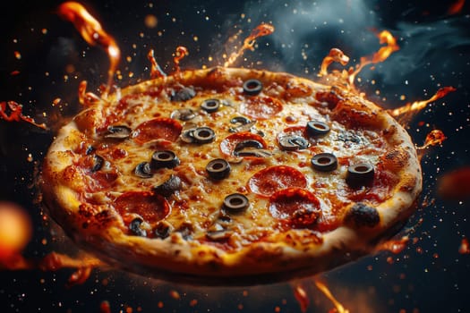 A stunning image of a perfectly round pizza, featuring melted cheese and an array of toppings, surrounded by a dramatic fiery background that enhances its delicious appeal.