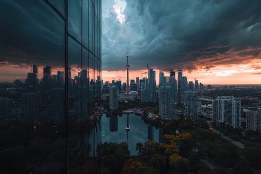 A stunning view of an urban skyline reflecting in glass windows of an office building, captured during sunset with dramatic clouds overhead.