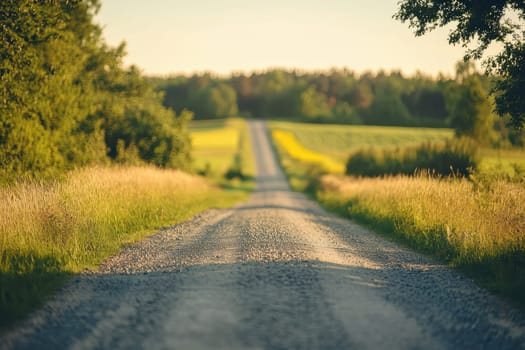 A serene and blurred road stretches into the horizon, surrounded by green fields and trees. The warm light creates a tranquil atmosphere, perfect for adventures.