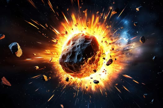 A massive asteroid explodes in the darkness of space, creating a stunning display of light and debris. This cosmic phenomenon captures the thrill of celestial events.
