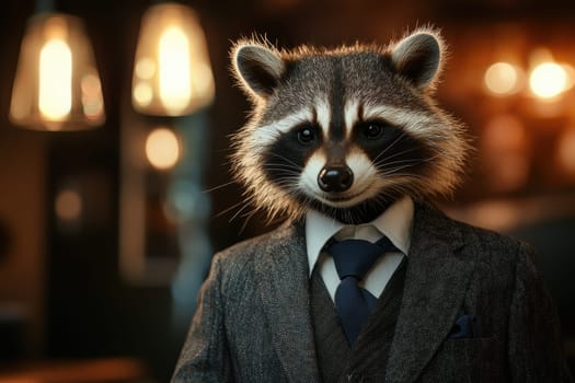 A charming close-up portrait of a raccoon in a business suit, showcasing a playful and whimsical take on anthropomorphism, ideal for creative projects.