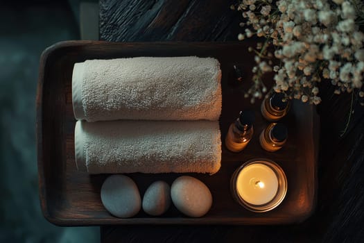 A serene spa setting featuring soft towels, smooth stones, and a glowing candle, perfect for relaxation and self-care in a peaceful ambiance.