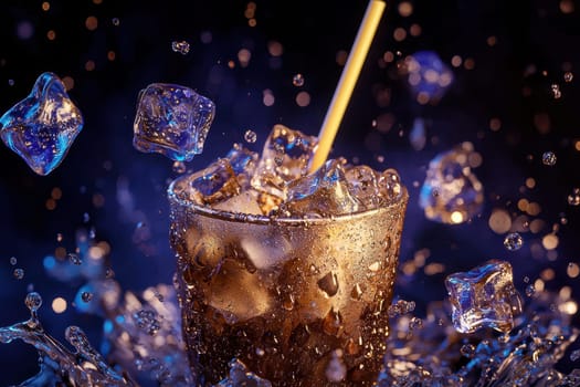 A vibrant cup of soda with ice cubes and splashes captures the essence of refreshment. Perfect for summer vibes and beverage promotions.