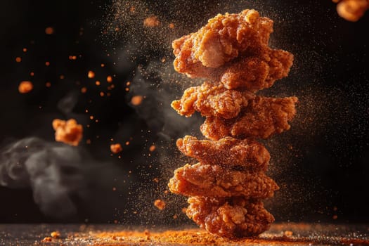 A stunning stack of crispy fried chicken pieces coated in spices, capturing the perfect texture and golden color. Ideal for food photography or culinary use.