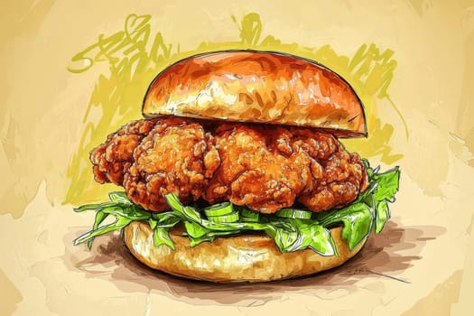 A vibrant illustration of a crispy fried chicken sandwich with fresh lettuce on a soft bun, perfect for food lovers. Captures the essence of comfort food.
