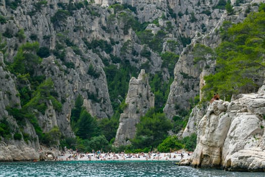Marseille, France - June 9, 2024 : Calanque of En-Vau on the Coast of Provence, Calanques National Park seen from an excursion boat cruising, High quality 4k footage