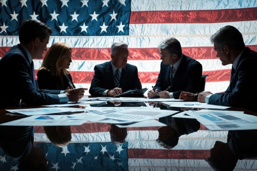 A surreal business meeting featuring professionals strategizing around a table with documents, set against the backdrop of an American flag.