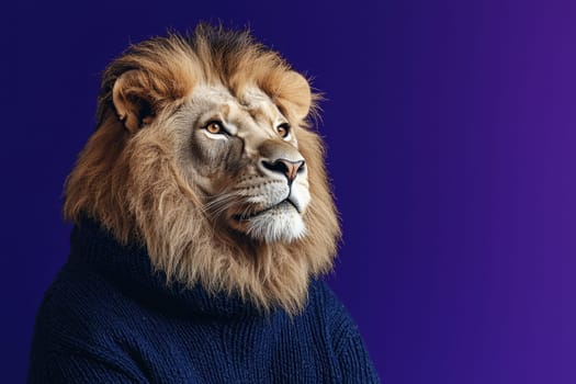 A striking lion wearing a blue sweater stands out against a vivid purple background. This portrait captures the majestic essence and unique fashion statement of the animal.