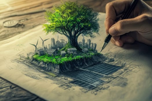 A detailed sketch showcasing a sustainable urban concept featuring green trees, wind energy, and modern buildings, illustrating a vision for future cities.