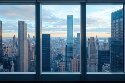 A stunning view from an office building showcasing modern architecture and a vibrant city skyline through large glass windows, reflecting the urban landscape.