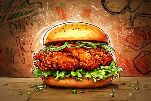 A vibrant and delicious crispy fried chicken sandwich, topped with fresh vegetables, perfect for a fast food craving or a casual meal. Enjoy its savory flavor!