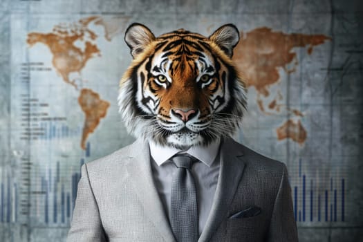 A striking image of a tiger in a crisp gray suit, exuding confidence and professionalism against a world map background. Perfect for creative projects.