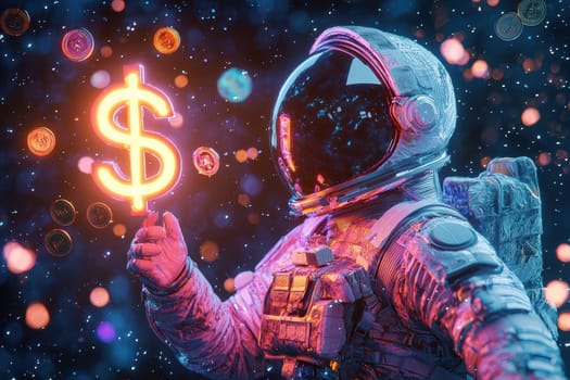 A futuristic astronaut in a sleek space suit holds a glowing currency symbol amidst a vibrant cosmic backdrop, symbolizing exploration and financial innovation in a whimsical universe.