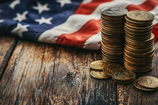 This image conveys the concept of the growth of the American stock market, featuring coins stacked on a rustic wooden table alongside an American flag, symbolizing financial prosperity.