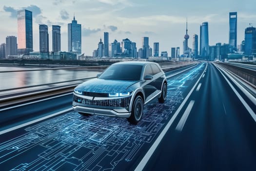 A futuristic car navigates a high-tech urban landscape, showcasing advanced technology and digital elements integrated into a vibrant city road.