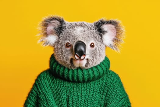 This close-up portrait features a cute koala wearing a chunky green sweater against a bright yellow background, capturing a playful and humorous moment.