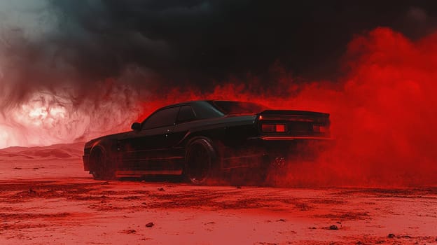 A stunning black car races through a desolate desert landscape, creating dust clouds beneath a heavy sky. The dramatic scenery reflects a sense of power and adventure.