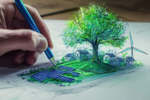 A detailed sketch illustrating a sustainable city concept featuring a large green tree, solar panels, and wind energy, showcasing a harmonious blend of nature and innovative design.