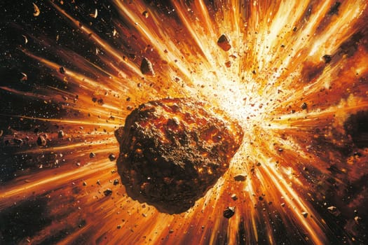 A stunning close-up image depicting the explosive mid-blast of an asteroid, showcasing debris, flames, and radiant energy in a cosmic setting.