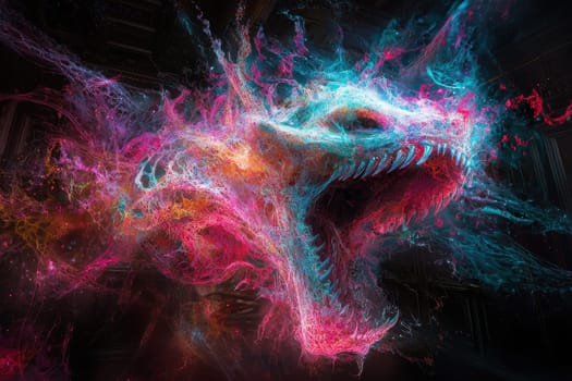 This surrealistic dark digital collage features a vibrant creature emerging from chaotic colors, showcasing an imaginative blend of light and texture.