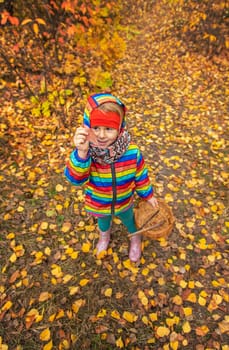 Child in autumn forest. Selective focus. nature.