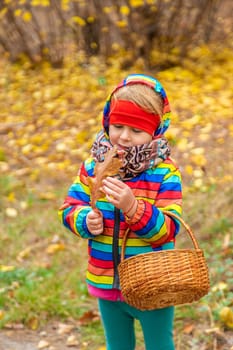 Child in autumn forest. Selective focus. nature.