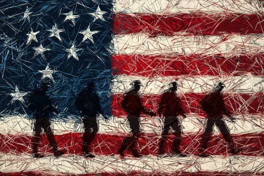 Artistic representation of silhouettes of workers layered over an American flag, symbolizing unity, labor, and patriotism in a creative motif.