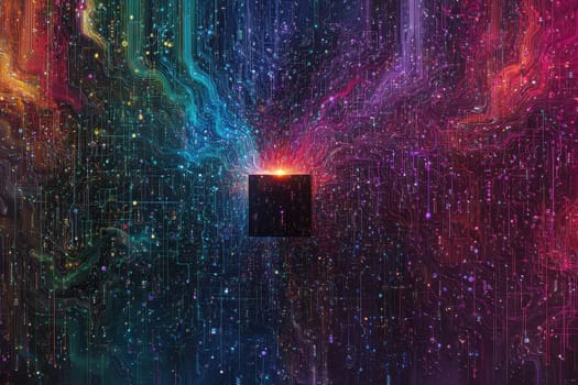 Explore a mesmerizing abstract digital painting with a psychedelic design featuring vivid colors, melting patterns, and glowing elements in a cosmic space.