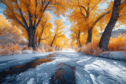 Stunning golden autumn leaves move gracefully in the breeze, creating a vivid contrast against the serene backdrop of nature tranquil landscape.