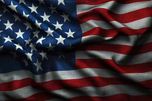 A detailed view of the American flag gently waving, showcasing its vibrant colors and iconic stars and stripes against a textured fabric backdrop, symbolizing national pride.