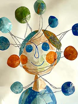 Colorful abstract art piece with a smiling face and colorful thoughts, handmade from paper mache and wire, exuding joy and positivity