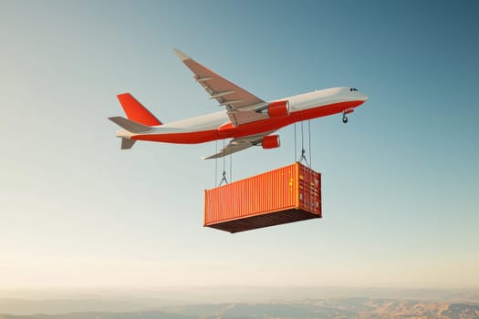 A red and white airplane is flying with a large orange container attached to it. Concept of adventure and excitement, as the airplane is carrying a large cargo container, possibly for a long journey