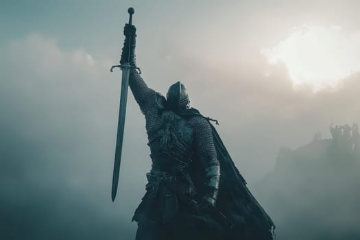 A knight is holding a sword and is standing in front of a castle. The castle is surrounded by a foggy atmosphere