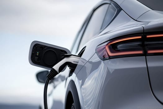 A white Tesla car is charging at a charging station. The car is plugged into the station and the charging process is underway