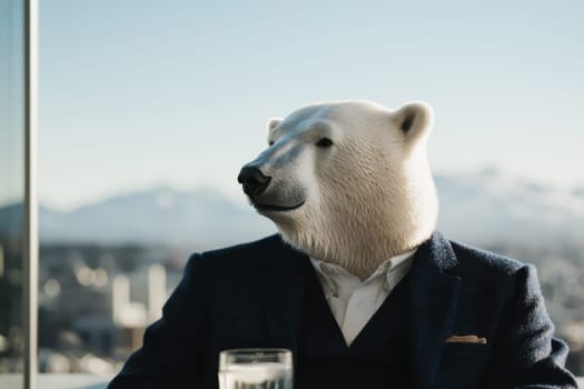A man in a suit and tie is wearing a bear mask. The bear is smiling and looking at the camera. The image has a playful and humorous mood