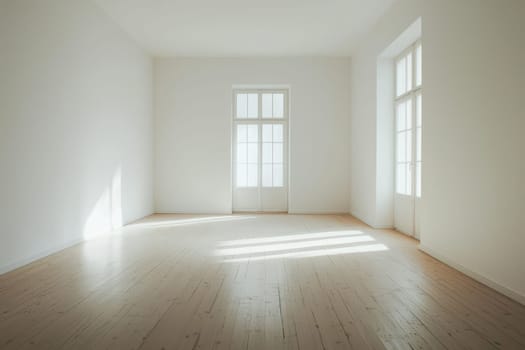 A large, empty room with a door and two windows. The room is very clean and has a very simple design